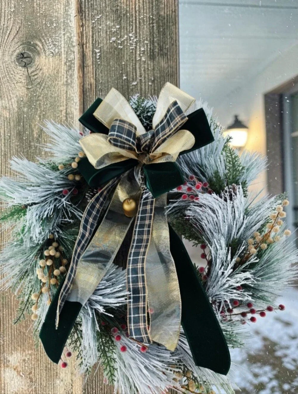Festive Frosted Pine Holiday Wreath with Gold & Green Bow